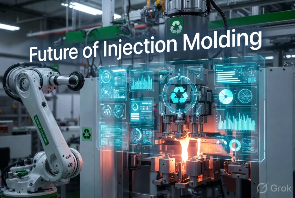 modern smart factory featuring robotic arms operating injection molding machines, glowing molten plastic, and a large holographic AI control dashboard with sustainability elements"