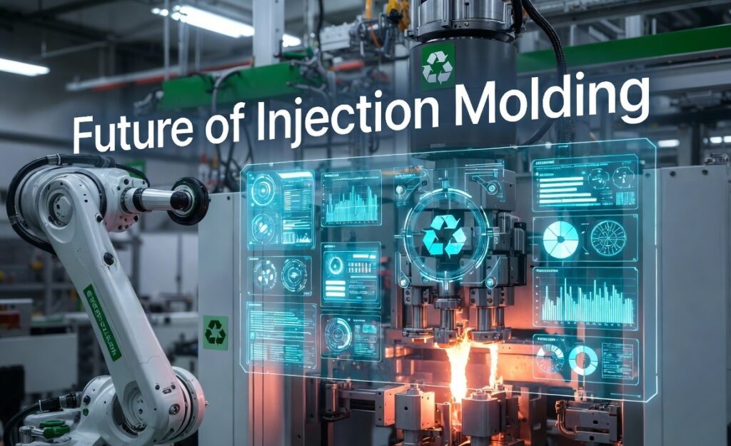 modern smart factory featuring robotic arms operating injection molding machines, glowing molten plastic, and a large holographic AI control dashboard with sustainability elements"