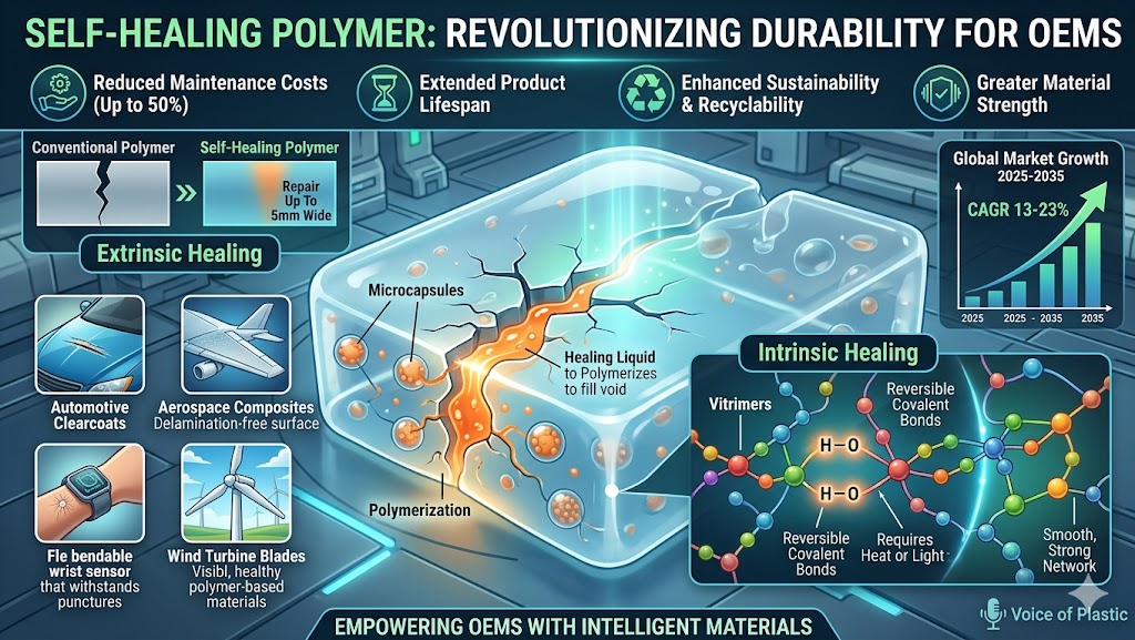 'Self-Healing Polymer: Revolutionizing Durability for OEMs.' It illustrates extrinsic healing via microcapsules and intrinsic healing via reversible covalent bonds. The graphic includes a 3D model of a polymer repairing a crack, a market growth chart (2025–2035), and applications in automotive, aerospace, wind energy, and wearable electronics."