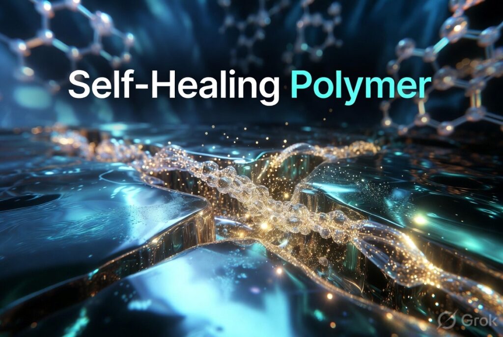 Self-Healing Polymer: Futuristic glossy blue polymer material with a visible crack automatically repairing itself through glowing molecular chains