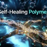 Self-Healing Polymer: Futuristic glossy blue polymer material with a visible crack automatically repairing itself through glowing molecular chains
