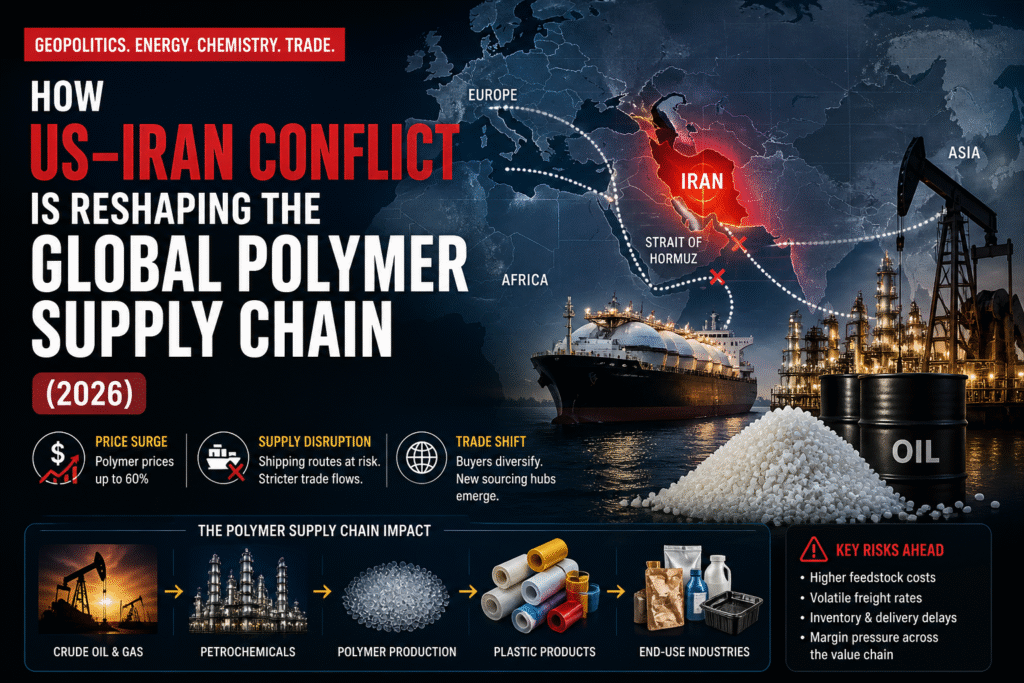 Infographic showing US Iran conflict polymer supply chain disruption, including Strait of Hormuz oil routes, shipping risks, and global petrochemical impact