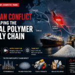 Infographic showing US Iran conflict polymer supply chain disruption, including Strait of Hormuz oil routes, shipping risks, and global petrochemical impact