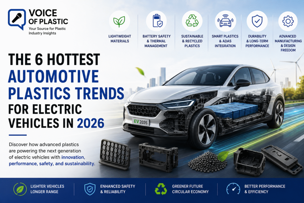 Electric vehicle with visible battery pack and automotive plastic components, illustrating the six hottest automotive plastics trends for electric vehicles in 2026, including lightweight materials, battery safety, recycled plastics, ADAS integration, durability, and advanced manufacturing.