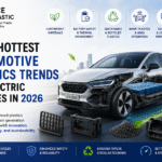 Electric vehicle with visible battery pack and automotive plastic components, illustrating the six hottest automotive plastics trends for electric vehicles in 2026, including lightweight materials, battery safety, recycled plastics, ADAS integration, durability, and advanced manufacturing.