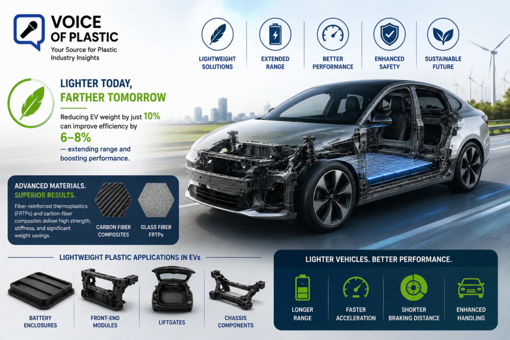 The 6 Hottest Automotive Plastics Trends for Electric Vehicles in 2026 Electric vehicle with exposed lightweight structural components, battery pack, fiber-reinforced thermoplastics (FRTPs), and carbon-fiber composite parts illustrating how advanced plastics reduce vehicle weight, improve driving range, and enhance EV performance.