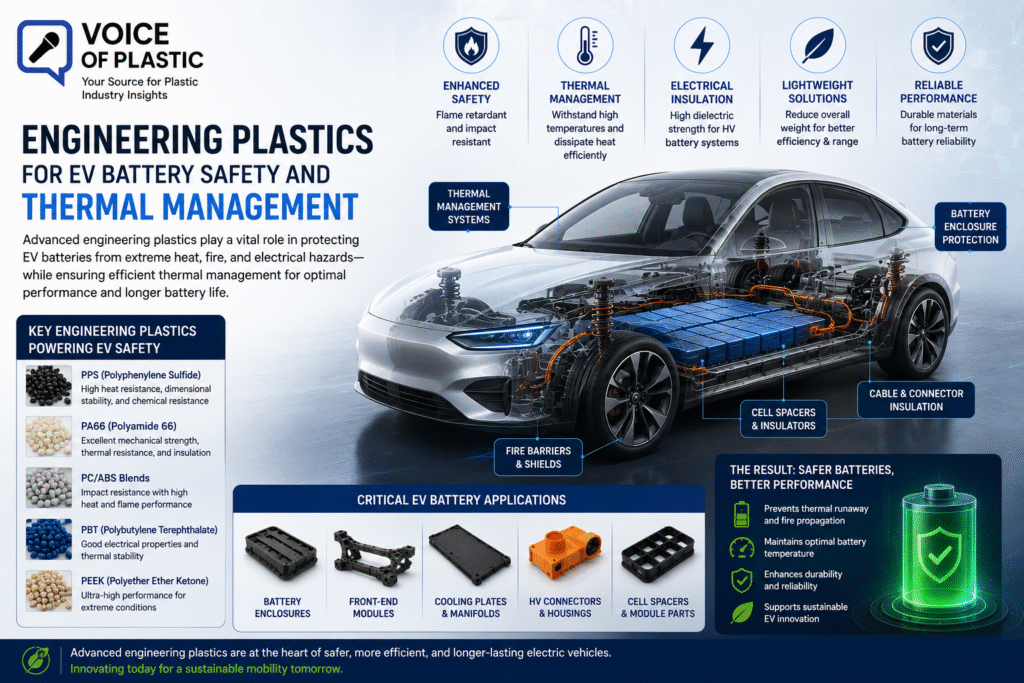 The 6 Hottest Automotive Plastics Trends for Electric Vehicles in 2026 Electric vehicle battery system featuring engineering plastics, thermal management components, battery enclosures, electrical insulation materials, and flame-retardant polymer parts designed to improve battery safety, thermal control, and EV performance.