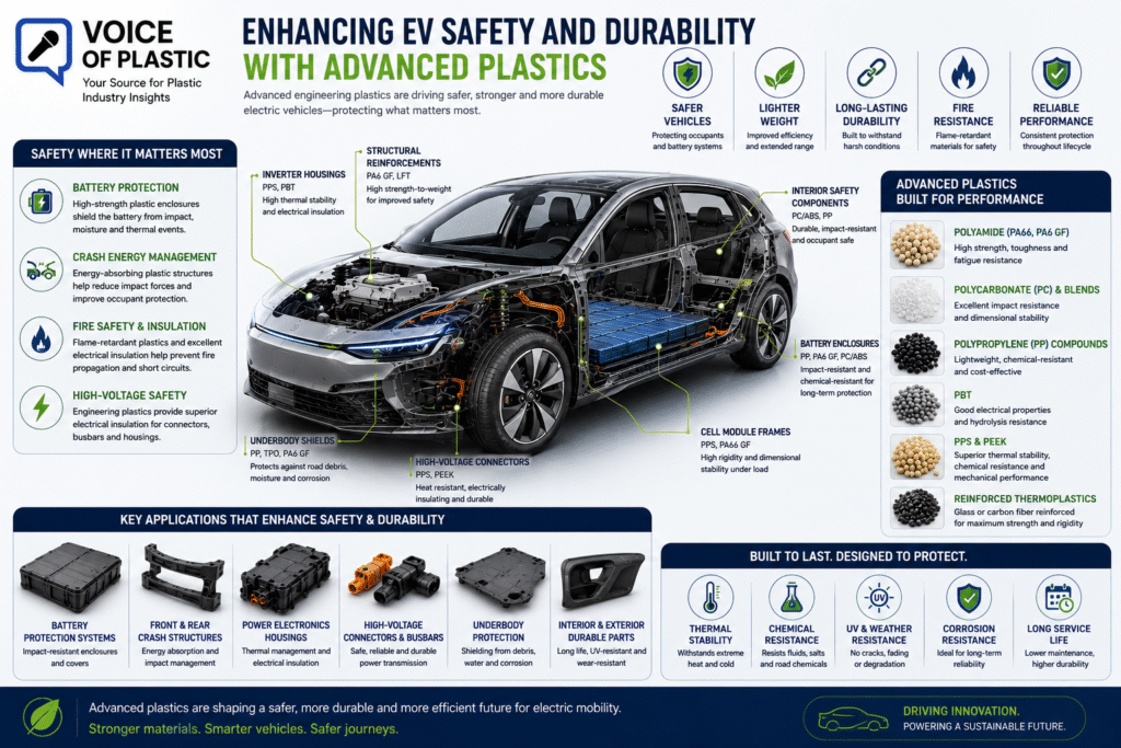 The 6 Hottest Automotive Plastics Trends for Electric Vehicles in 2026 Electric vehicle featuring advanced plastic safety components, impact-resistant structures, battery protection systems, crash-energy absorption zones, and durable engineering plastic parts designed to improve vehicle safety and long-term reliability.