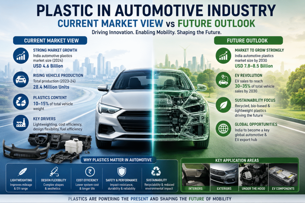 Infographic showing the current and future outlook of the plastic in automotive industry, featuring a modern vehicle split between today's automotive market and future EV-driven mobility, highlighting lightweighting, sustainability, automotive plastics growth, vehicle production, and EV adoption trends.