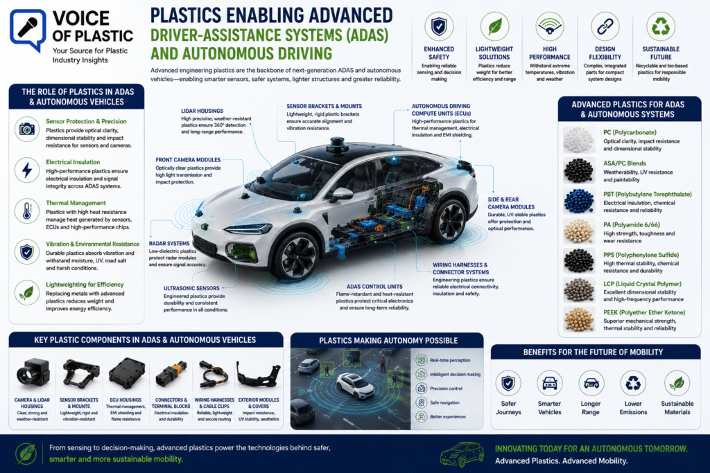 The 6 Hottest Automotive Plastics Trends for Electric Vehicles in 2026 Electric vehicle equipped with ADAS sensors, LiDAR systems, radar modules, cameras, electronic control units, and advanced plastic components that enable autonomous driving, vehicle connectivity, and intelligent safety systems.