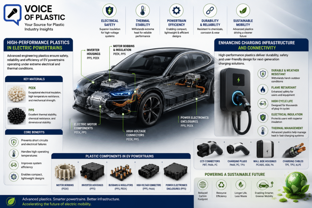 The 6 Hottest Automotive Plastics Trends for Electric Vehicles in 2026 Electric vehicle displaying high-performance plastic components in the powertrain, inverter housing, high-voltage connectors, charging equipment, and power electronics designed to improve efficiency, electrical safety, and charging reliability.