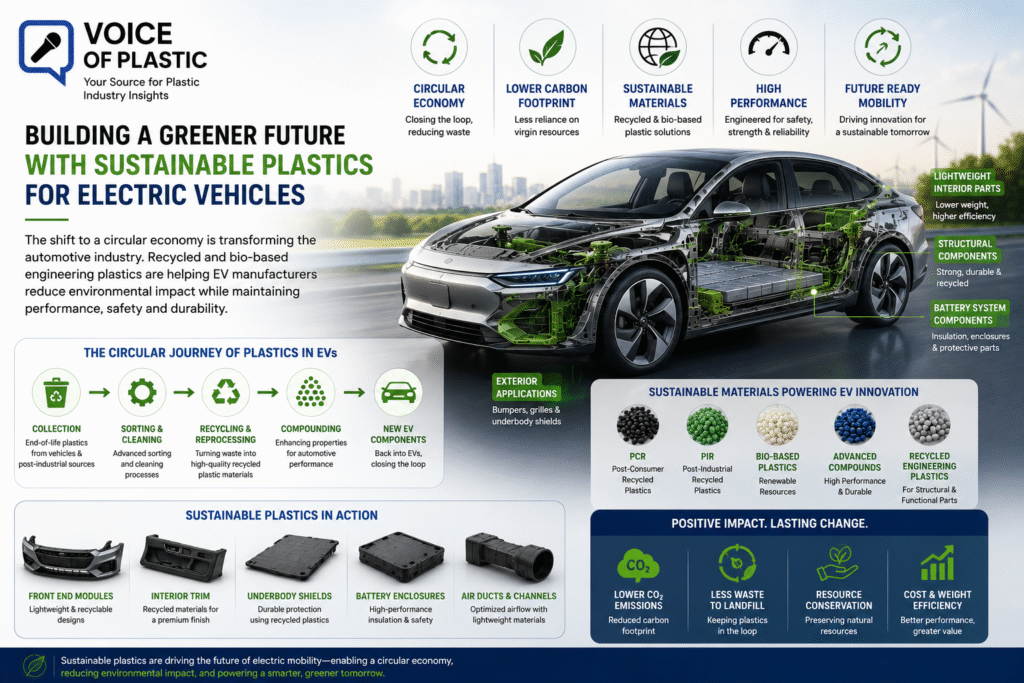 The 6 Hottest Automotive Plastics Trends for Electric Vehicles in 2026 Electric vehicle showcasing recycled and sustainable plastic components, circular economy process, recycled polymer materials, bio-based plastics, and eco-friendly automotive applications designed to reduce carbon emissions and improve sustainability.