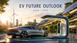 A futuristic silver electric sedan charging at a high-tech wireless charging station in a sustainable smart city. The background features wind turbines, solar panels, and modern greenery-integrated architecture under a golden sunset sky. The text "EV FUTURE OUTLOOK 2026 – 2035" 