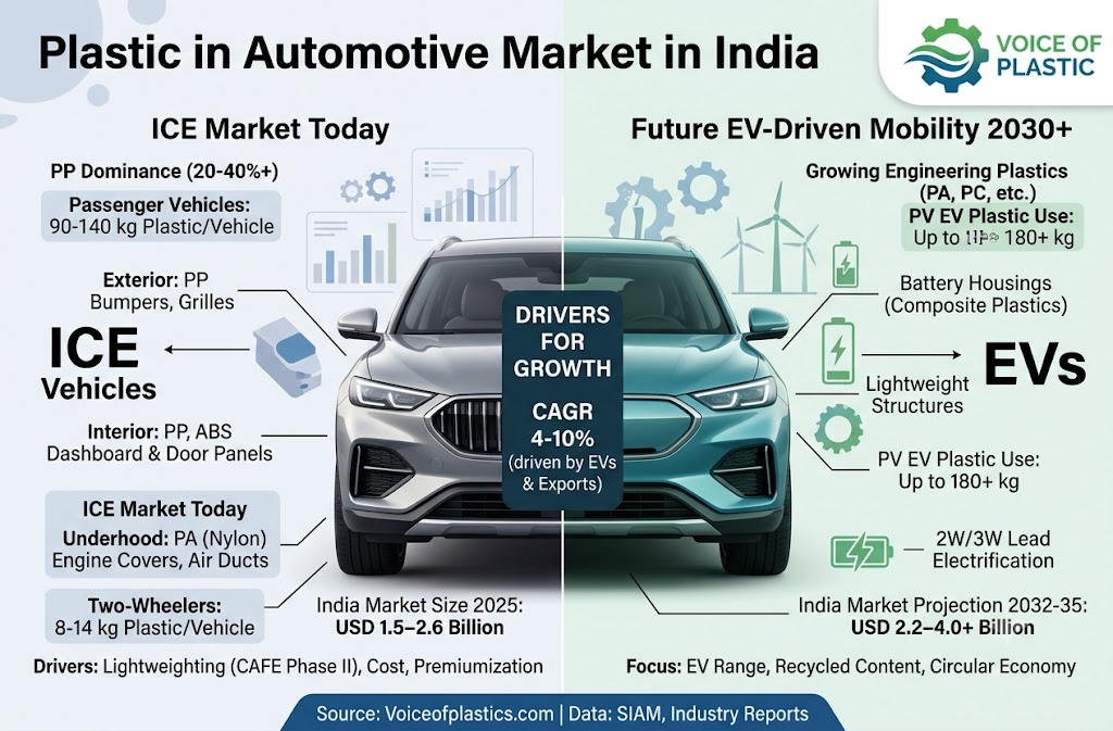 Infographic comparing the current and future outlook of the plastic in automotive market in India, showcasing ICE vehicles vs EV-driven mobility by 2030, with data on material consumption, market size projections, and the Voice of Plastic logo.