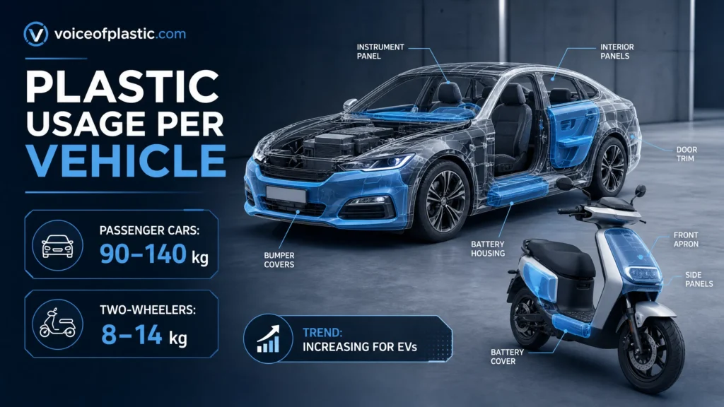 Infographic for voiceofplastic.com titled "Plastic Usage per Vehicle." The image displays a high-tech 3D wireframe of a passenger car and an electric scooter, highlighting key plastic components like battery housings, bumpers, and interior panels. It includes statistical labels: "Passenger Cars: 90–140 kg" and "Two-Wheelers: 8–14 kg," with a trend icon indicating increasing plastic usage in electric vehicles.