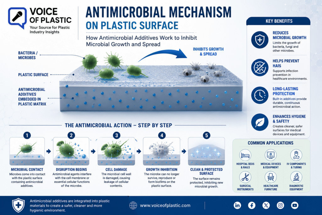 infographic showing antimicrobial mechanism on plastic surface.
