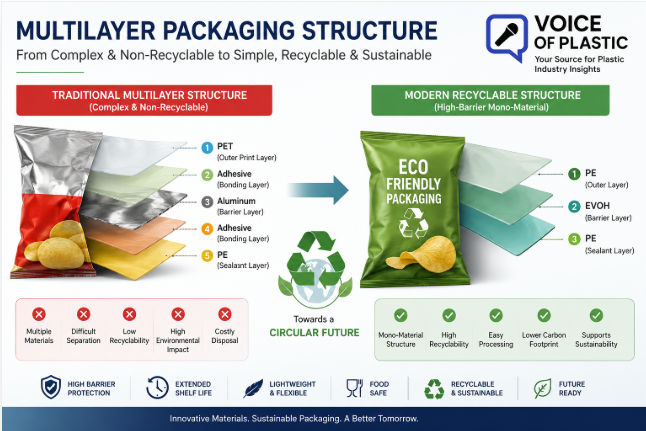 Illustration comparing a traditional PET/Adhesive/Aluminum/Adhesive/PE multilayer packaging structure with a recyclable PE/EVOH/PE mono-material high-barrier packaging design for sustainable flexible packaging.