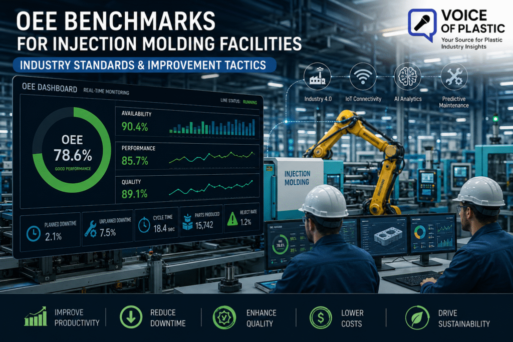 OEE Benchmarks Injection Molding Modern injection molding factory with real-time OEE dashboards showing Availability Performance Quality metrics
