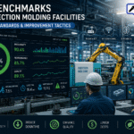 Modern injection molding factory with real-time OEE dashboards showing Availability Performance Quality metrics