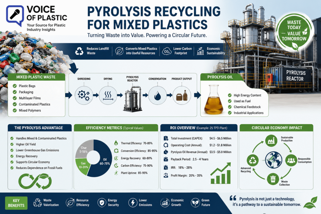 Pyrolysis Recycling for Mixed Plastics "Professional infographic illustrating pyrolysis recycling for mixed plastics, showing waste feedstock transforming into pyrolysis oil through an industrial reactor, with circular economy symbols, efficiency charts, yield metrics, and ROI financial data in a modern sustainable green industrial style"