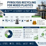 "Professional infographic illustrating pyrolysis recycling for mixed plastics, showing waste feedstock transforming into pyrolysis oil through an industrial reactor, with circular economy symbols, efficiency charts, yield metrics, and ROI financial data in a modern sustainable green industrial style"