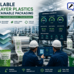 Modern sustainable packaging factory producing recyclable multilayer plastic packaging with digital recycling dashboards and Industry 4.0 automation.