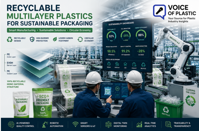 Modern sustainable packaging factory producing recyclable multilayer plastic packaging with digital recycling dashboards and Industry 4.0 automation.