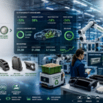 Engineers evaluating bio-based plastic automotive interior components with AI-powered quality control, robotic manufacturing, sustainability dashboards, and Industry 4.0 automation in a modern OEM production facility.