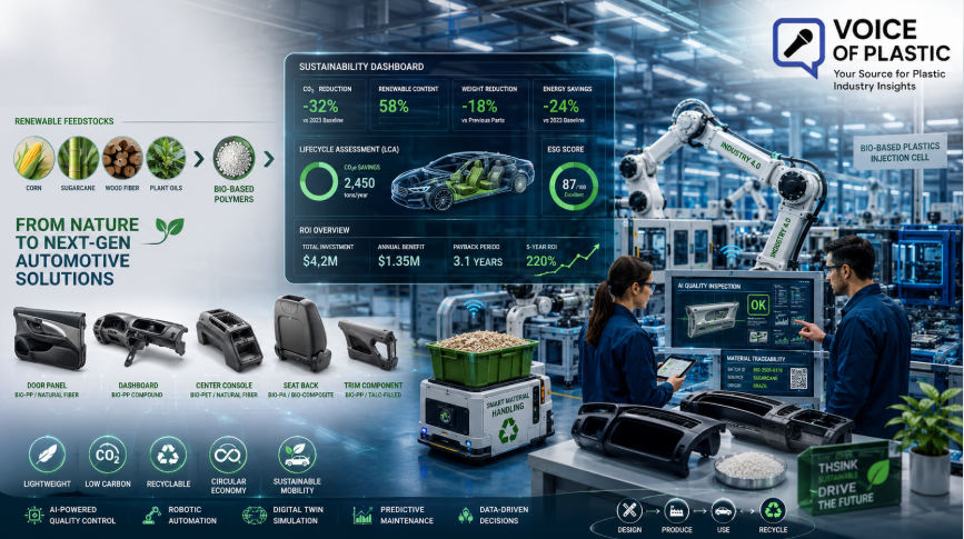 Automotive Bio-Based Plastics Case Study: Hidden ROI Wins for OEMs Engineers evaluating bio-based plastic automotive interior components with AI-powered quality control, robotic manufacturing, sustainability dashboards, and Industry 4.0 automation in a modern OEM production facility.