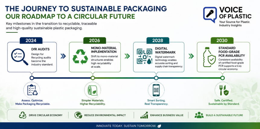 Infographic timeline showing sustainable packaging milestones from 2024 to 2030, including Design for Recycling (DfR) audits, mono-material packaging implementation, digital watermark adoption, and standard food-grade PCR availability.