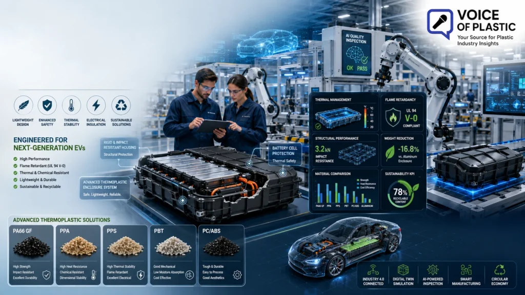Thermoplastics for EV Battery Enclosures Guide Engineers evaluating advanced thermoplastic EV battery enclosures in a smart manufacturing facility with robotic injection molding, AI quality inspection, thermal management dashboards, and Industry 4.0 automation.