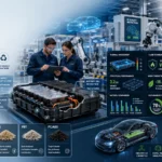 Thermoplastics for EV Battery Enclosures Guide Engineers evaluating advanced thermoplastic EV battery enclosures in a smart manufacturing facility with robotic injection molding, AI quality inspection, thermal management dashboards, and Industry 4.0 automation.