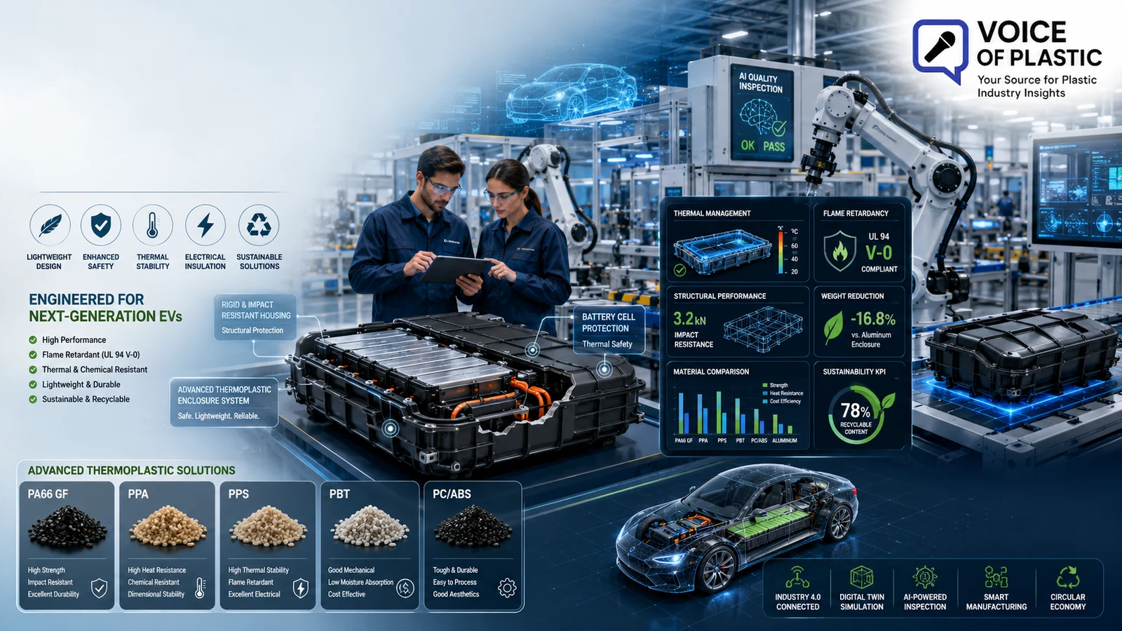 Engineers evaluating advanced thermoplastic EV battery enclosures in a smart manufacturing facility with robotic injection molding, AI quality inspection, thermal management dashboards, and Industry 4.0 automation.