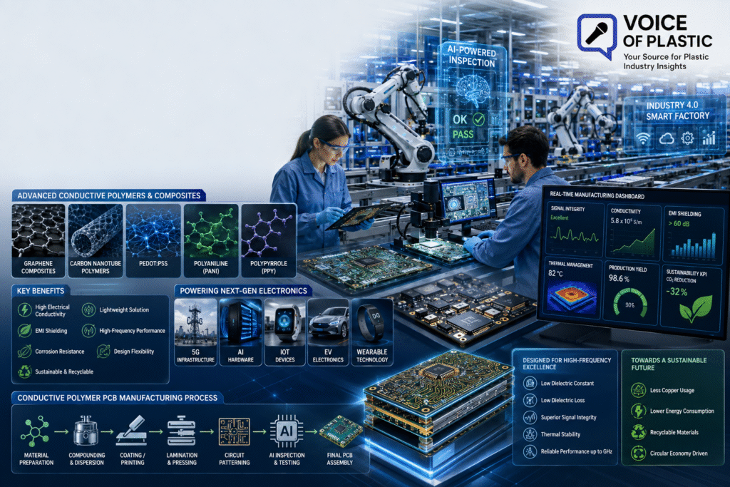 Conductive Polymers in PCB Manufacturing: High-Frequency Tech ngineers inspecting high-frequency printed circuit boards manufactured with conductive polymers using AI-powered quality inspection, robotic automation, and Industry 4.0 dashboards in a modern electronics factory.