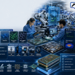 ngineers inspecting high-frequency printed circuit boards manufactured with conductive polymers using AI-powered quality inspection, robotic automation, and Industry 4.0 dashboards in a modern electronics factory.