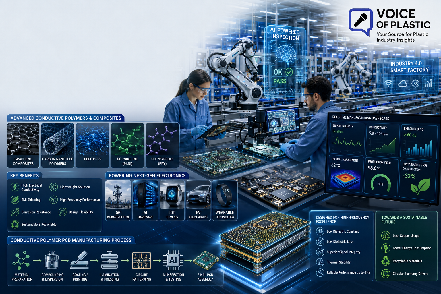 ngineers inspecting high-frequency printed circuit boards manufactured with conductive polymers using AI-powered quality inspection, robotic automation, and Industry 4.0 dashboards in a modern electronics factory.