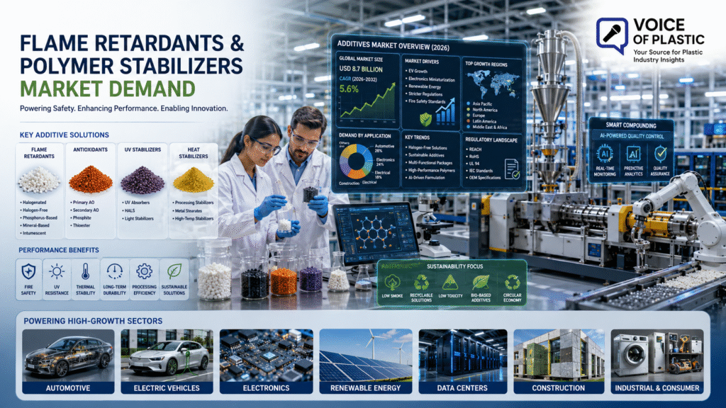 7 High-Growth Sectors Driving Additives Market Demand for Flame Retardants and Stabilizers Engineers analyzing flame retardants and polymer stabilizers for automotive, EV, electronics, and high-growth plastic applications in a smart manufacturing facility