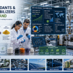 Engineers analyzing flame retardants and polymer stabilizers for automotive, EV, electronics, and high-growth plastic applications in a smart manufacturing facility