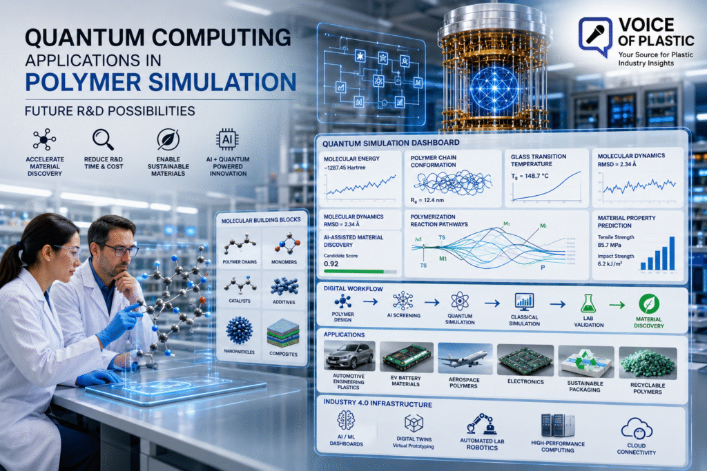 Quantum computing and AI-assisted polymer simulation laboratory showing molecular models, polymer chains, quantum processors, and materials discovery dashboards.