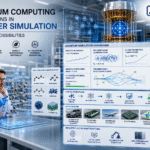Quantum Computing in Polymer Simulation: Future R&D Applications Quantum computing and AI-assisted polymer simulation laboratory showing molecular models, polymer chains, quantum processors, and materials discovery dashboards.