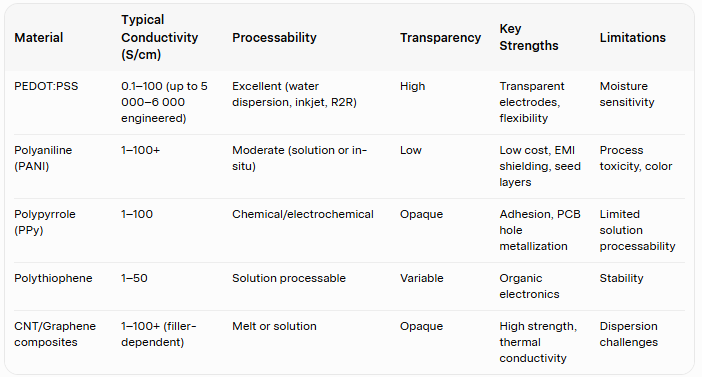 Conductive Polymers in PCB Manufacturing: High-Frequency Tech comparison table ofconductive polymer